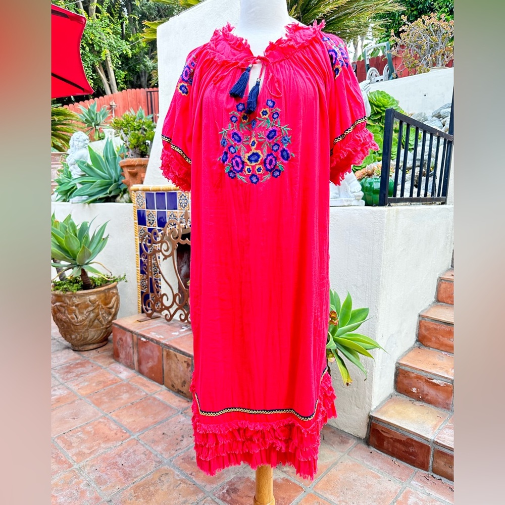 Adrift 💯 Cotton Embroidered Tassel Pockets Frays Lined Red Dress Size Medium